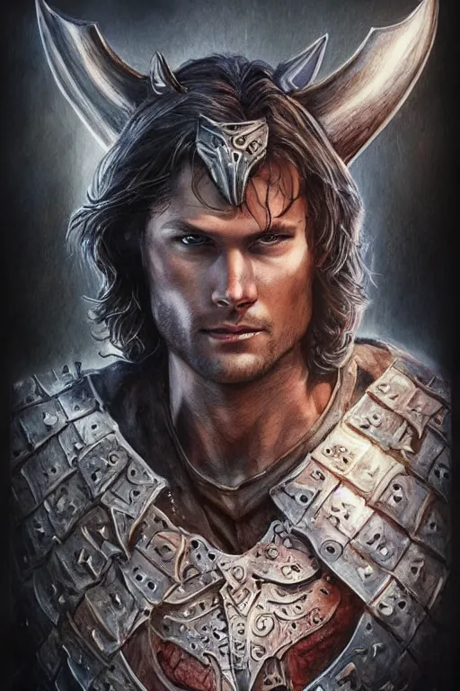 Image similar to front portrait of attractive sam winchester as a viking warrior, clothes torn apart, muscular chest tattooed with runes and symbols, d & d!, fantasy style, sharp focus!, ultra detailed, art by artgerm and peter andrew jones, wlop