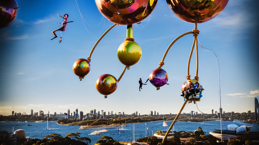 Image similar to large colorful futuristic space age metallic steampunk balloons with pipework and electrical wiring around the outside, and people on rope swings underneath, flying high over the beautiful sydney city landscape, professional photography, 8 0 mm telephoto lens, realistic, detailed, photorealistic, photojournalism
