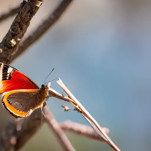 Prompt: a beautiful butterfly sitting next to a male Cardinal next to a moth butterfly moth, a beautiful moth, sitting on a tree branch with blue sky and river in background, bokeh focus, don't forget the moth