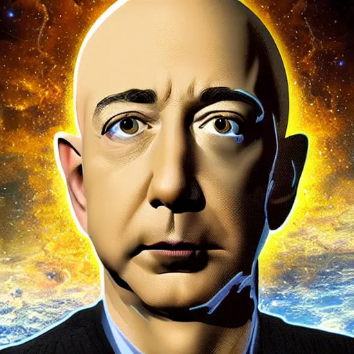 Image similar to Jeff Bezos as a terrifying cosmic horror with a thousand tentacles coming from his eyes and cracks in his head with a cosmic background. Epic digital art