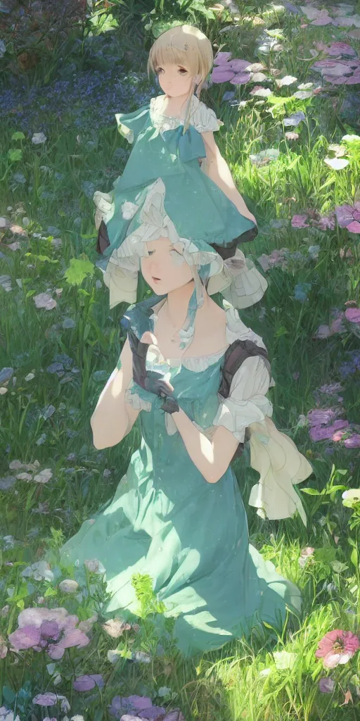 Image similar to a depressed digital art, loli in dress, garden, green and warm theme, blue accents, back lighting, highly detailed, 4 k resolution, trending on art station, by krenz cushart and mucha and akihito yoshida and greg rutkowski and makoto shinkai