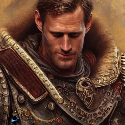 Prompt: ultra realistic illustration,, a hulking herculean alexander skarsgard with leather armour, from doom and warhammer, intricate, elegant, highly detailed, digital painting, artstation, concept art, smooth, sharp focus, illustration, art by artgerm and greg rutkowski and alphonse mucha