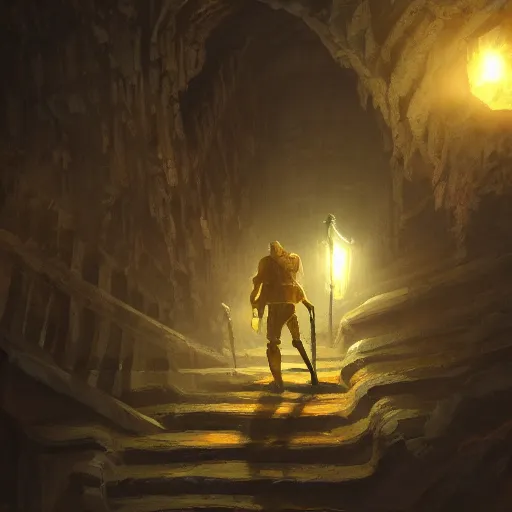 Image similar to A man with a flashlight explores a Dungeon, luminous, artstation