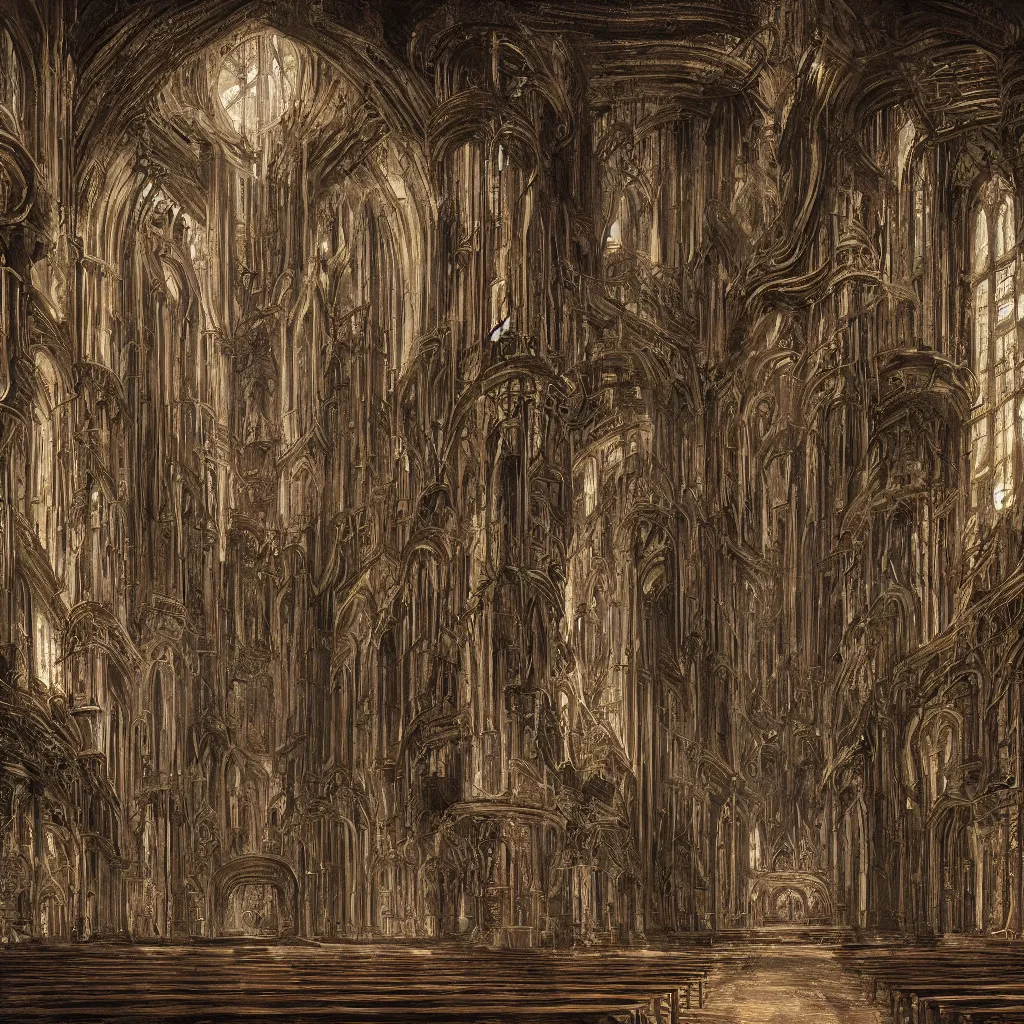 Image similar to digital painting of church interior designed by H R Giger, H.R. Giger style, Alien, Necronomicon, concept art, matte painting, digital painting, realism, 8K, RAW, unedited, symmetrical balance, in-frame