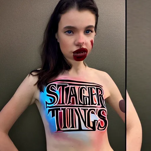 Image similar to full body painting of the stranger things logo on a beautiful fashion model