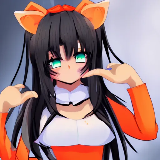 Prompt: cute anime girl with dark skin, black hair, wolf ears and glowing orange eyes