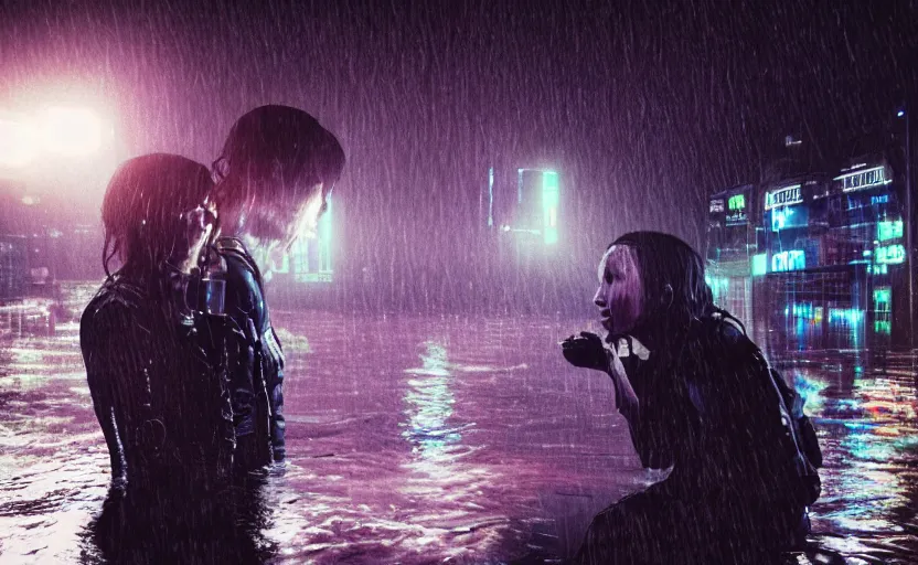 Image similar to cinestill 5 0 d candid photographic portrait by steven spielberg of two loving female androids sobbing wearing rugged black mesh techwear in treacherous waters, flooded city, medium closeup, retrofuturism cyberpunk moody emotional cinematic, pouring iridescent rain bright spotlight helicopter, 8 k, hd, high resolution, 3 5 mm, f / 3 2, ultra realistic faces, ex machina