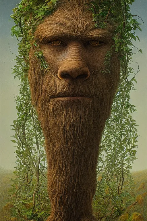 Image similar to intricate stunning highly detailed portrait of bigfoot, 🌱, by agostino arrivabene and vladimir kush, surreal, digital painting, ultra realistic, dramatic lighting, twisted vines, lush plants, pristine water, artstation