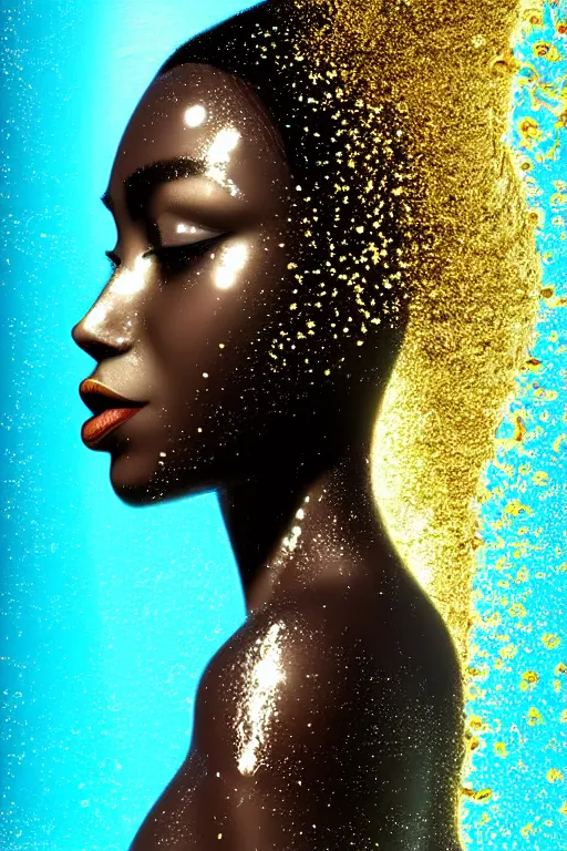 Prompt: hyperrealistic post - futurist cinematic very expressive! profile black oshun goddess, in water! up to shoulders, mirror dripping droplet!, gold flowers, highly detailed face, digital art masterpiece, smooth eric zener cam de leon, dramatic pearlescent turquoise light on one side, low angle uhd 8 k, shallow depth of field