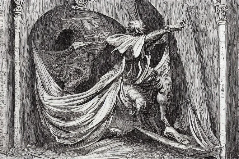 Prompt: highly detailed big open book, open book page, don quixote left the book, symmetrical face, magical, roman myth, masterpiece, highly detailed painting by gustave dore