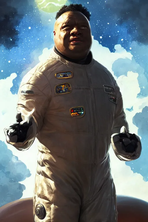 Image similar to portrait of a black man as baron harkonnen wearing leather spacesuit, detailed, sunshine, nebula space background, illustration by normal rockwell, artstation character art, adebanji alade, concept art, greg rutkowski