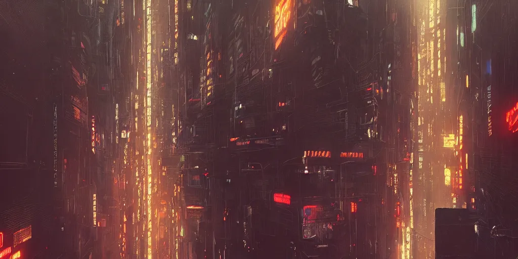 Image similar to a painting of a cinematic keyframe of a cyberpunk dystopian city, blade runner like seen from above, cenital shot, by greg rutkowski, rule of thirds, golden ratio, ambient lighting, wlop, artgerm, artstation, highly detailed masterpiece, dark fantasy art, high detail, trending on artstation