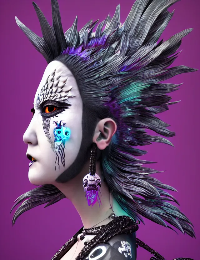 Image similar to 3 d goddess close - up profile portrait punk with mohawk with ram skull. beautiful intricately detailed japanese crow kitsune mask and clasical japanese kimono. betta fish, jellyfish phoenix, bio luminescent, plasma, ice, water, wind, creature, artwork by tooth wu and wlop and beeple and greg rutkowski