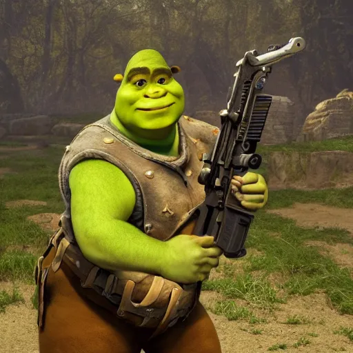 Image similar to pistol skin of shrek, masterpiece, highly detailed, high quality, 4 k, anatomically correct, hyperrealistic, concept art, octane render, unreal engine 5, trending on artstation, trending on deviantart, matte, historical painting, fantasy style, path traced, high coherence, soft lighting, digital painting, mythical