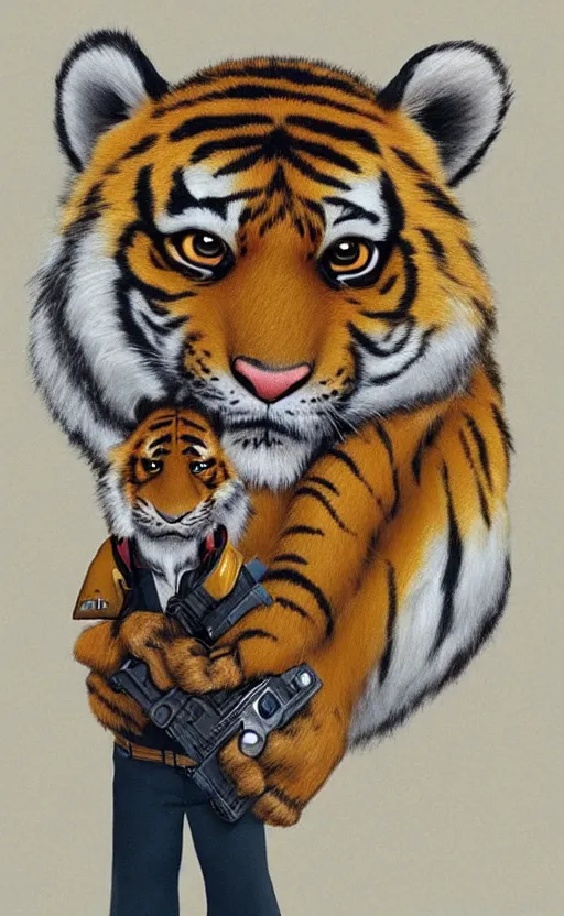 Image similar to “portrait of tiger in the style of the movie zootopia holding a laser gun, with a dark background behind him”