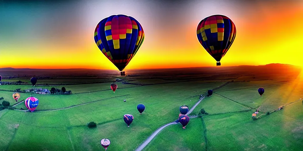 Image similar to hot air balloons, sunset, beautiful landscape, wide angle