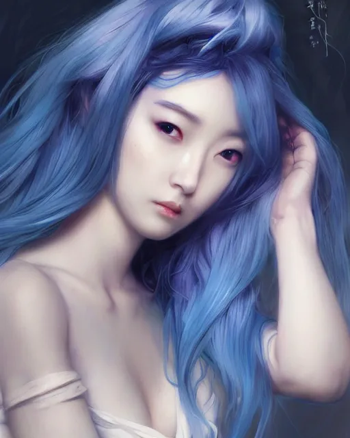 Image similar to stunningly beautiful female blue hair, cute korean actress, dj sura, fantasy art, sharp focus, digital painting, 8 k, concept art, art by wlop, artgerm, greg rutkowski and alphonse mucha