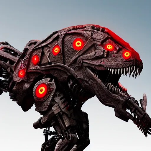 Image similar to still of a cyborg T-Rex, red eyes, robotic extended arms, 4k, film grain, 85mm