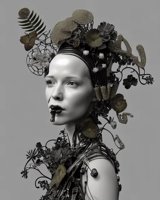 Image similar to monochrome 3 d model, 1 9 4 0 picture, floral steampunk biomechanical beautiful young female cyborg with porcelain profile face and a techno eye, volumetric light, leaves foliage and stems, hibiscus flowers, boho vines, sinuous fine roots, fine foliage lace, alexander mcqueen, rim light, big gothic fashion pearl embroidered collar, octane render, 8 k