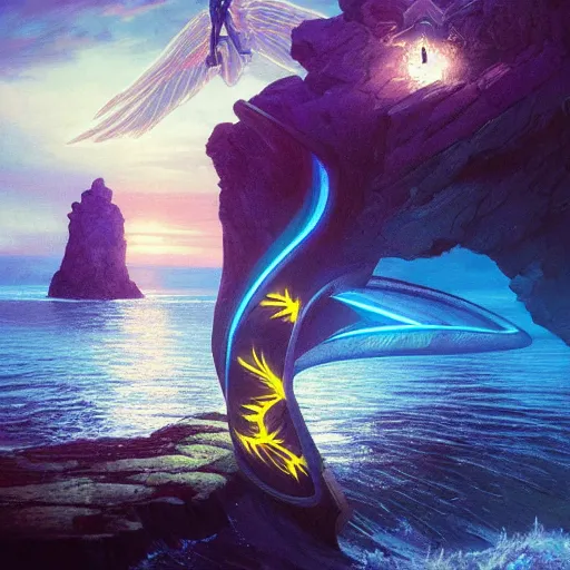 Image similar to illuminated tron wings in front of a lsd sunset, cliffside ocean scene, diffuse lighting, hyper realistic, elegant, intricate, hyper detailed, smooth, sharp focus, concept art, illustration, trending on artstation, art by artem demura, greg rutkowski, james gurney, and alphonse mucha