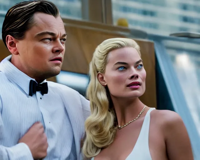 Prompt: leonardo dicaprio as the wolf of wall street next to margot robbie as naomi from the wolf of wall street, hyper realistic faces, cinematic, long shot, hyper detailed, 8 5 mm photograph, 8 k resolution, film still, sharp lens, wide lens