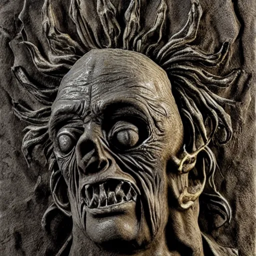 Image similar to rustic antiqued, gothic bas relief of beetlejuice, textured 3 d, intense detail, hyperealism, 4 k