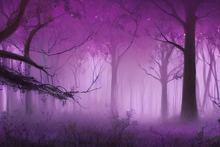 Image similar to ancient magical forest, tall purple and pink trees, moonlit, winding path lined with bioluminescent mushrooms, fireflies, pale blue fog, mysterious, eyes in the trees, cinematic lighting, photorealism