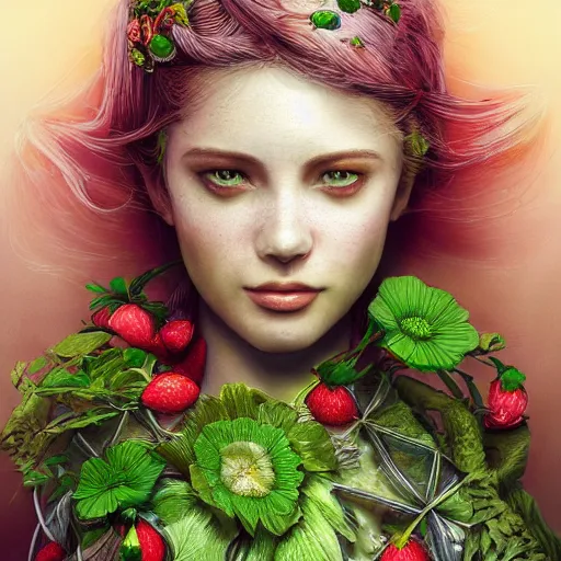 Image similar to the portrait of an absurdly beautiful, graceful, elegant, young woman made of strawberries and green petals, an ultrafine hyperdetailed illustration by kim jung gi, irakli nadar, intricate linework, bright colors, octopath traveler, final fantasy, angular, unreal engine 5 highly rendered, global illumination, radiant light, detailed and intricate environment