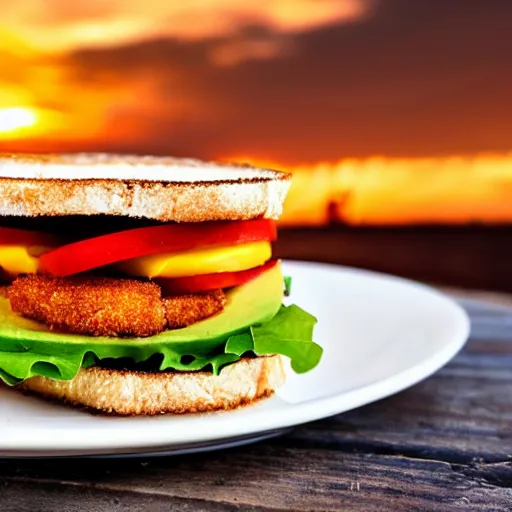 Prompt: sandwich with fried tofu, one tomato slice, one onion ring, avocado and melted cheddar, over a dish and over a table, with a sunset and rainbow in the background with saturn and stars in the sky