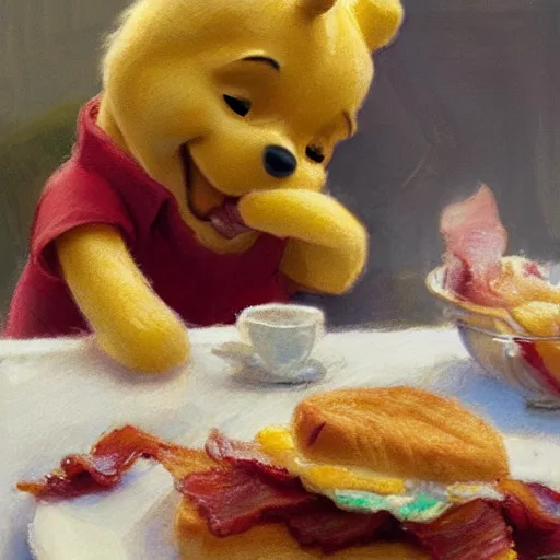 Image similar to close up of winnie the pooh eating bacon sandwich, cinematographic shot, by daniel f. gerhartz