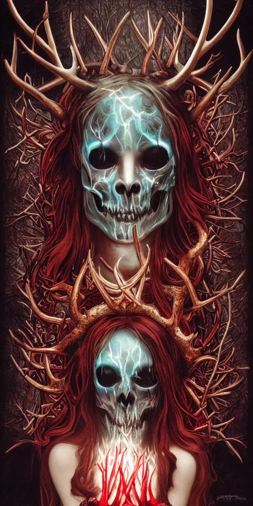 Prompt: intense glowing black metal pagan god with antlers and blood and intense glowing eyes with a bull skull in very dark forest by mark ryden and artgerm and alphonse mucha, portrait, fantasy, clear, red and teal and shining gold, light beams, lens flare, intense, uhd, amazing depth, cinematic lighting