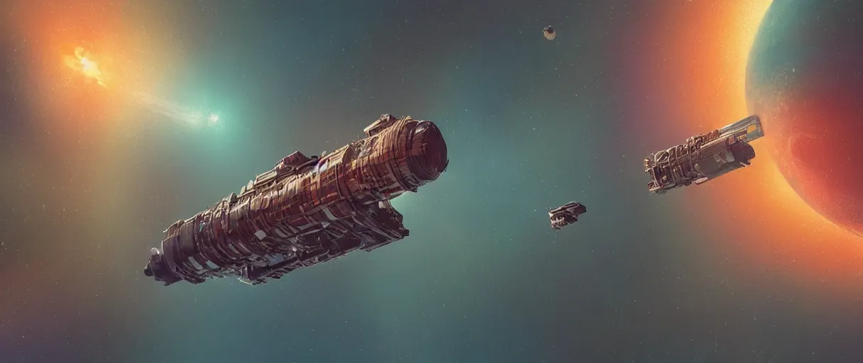 Image similar to illustration, a single small spaceship, nasa, deep space exploration, alone, the expanse tv series, industrial design, nebula, cinematic lighting, 4k, greebles, widescreen, wide angle, sharp and blocky shapes, rich colors, hyper realistic, beksinski