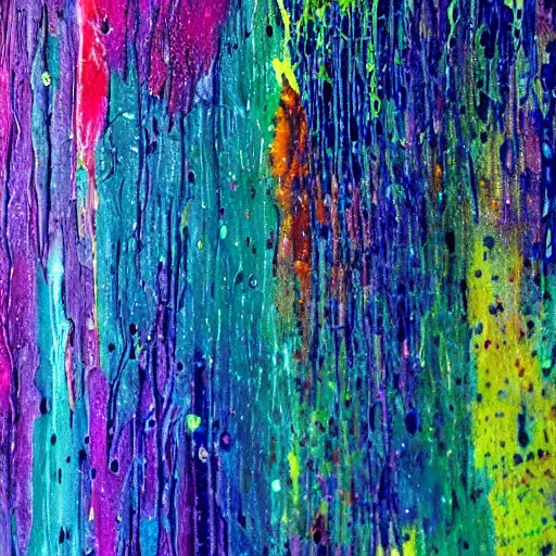 Prompt: flecks of paint lush & immense density long strands of drips in all directions splatters of mixed pigments with solid color inside.