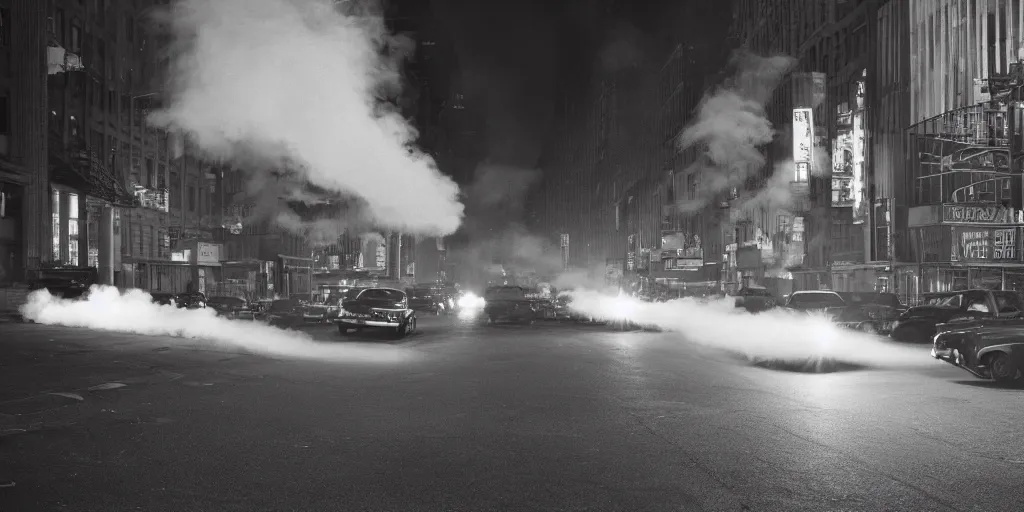 Prompt: a high resolution photo of a new york street at night surrounded with smoke and cars with bright headlights by joel meyerowitz, realistic photo,