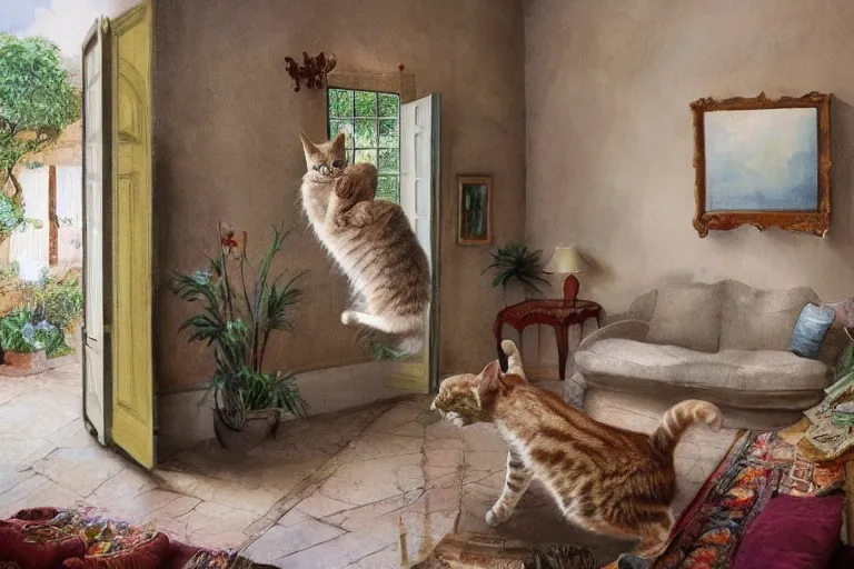Image similar to Photo of Funny singular cat jumps in provence style living room, photorealism,