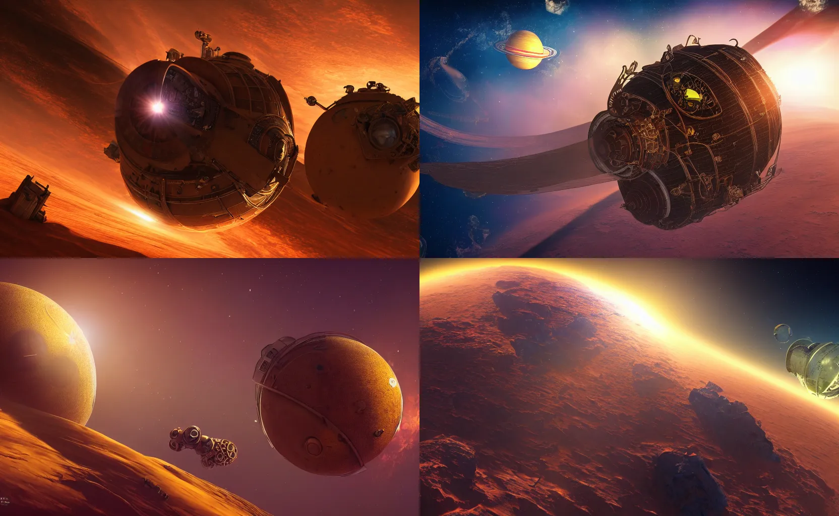 Prompt: A steampunk Space Sation in orbit above a Golden desert planet Arrakis, in the andromedia galaxy, space, 8k wallpaper, concept art, artstation, 4k wallpaper, UHD, HDR, lens flare, cinematic, unreal engine 5,