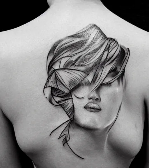 Image similar to tattoo design sketch of an extremely beautiful woman face with a faded background of stunning mountain view on her side, hyper - realistic, in the style of matteo pasqualin, amazing detail, black and white, faded