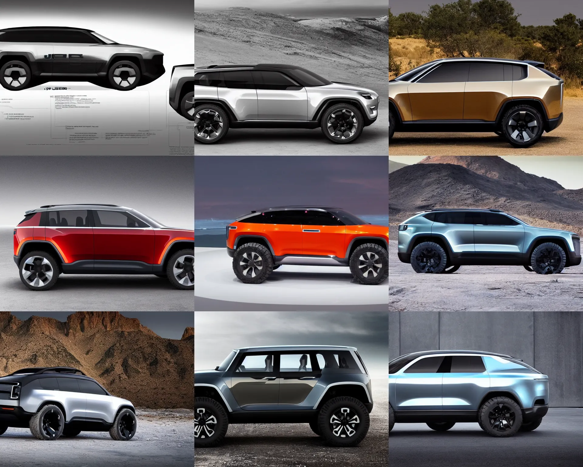 Prompt: future jeep concept suv, clean, tough, simple, electric, tesla cybertruck, : : side view : :