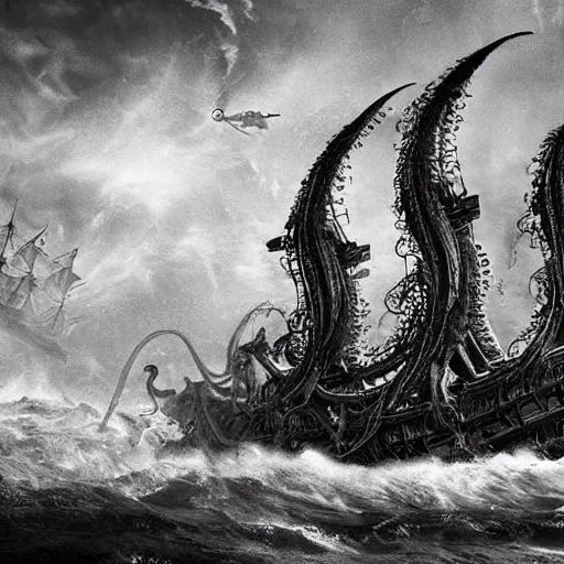 Prompt: an impossibly huge pirate ship, being attacked by a kraken, giant tentacles. 2010s photograph