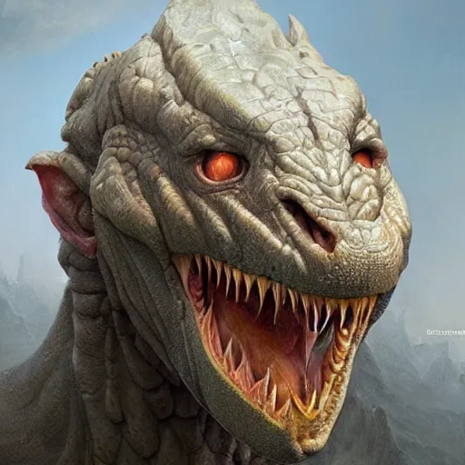 Image similar to vladimir putin, anthropomorphic bald prehistoric reptile, putin chimera, toothless, horror, macabre by donato giancola and greg rutkowski and wayne barlow and zdzisław beksinski, realistic face, digital art