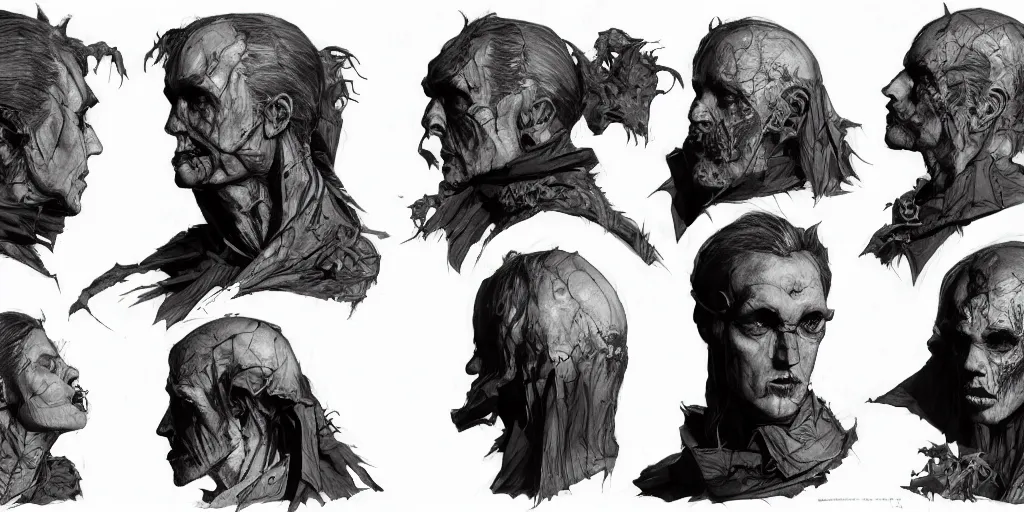 Prompt: gothic character head detail designs, Enki Bilal, Barry Windsor Smith, Milo Manara, Kim Jung Gi, Greg Rutkowski, character sheet, Darek Zabrocki, Karlkka, Jayison Devadas, Phuoc Quan, trending on Artstation, 8K, ultra wide angle, pincushion lens effect