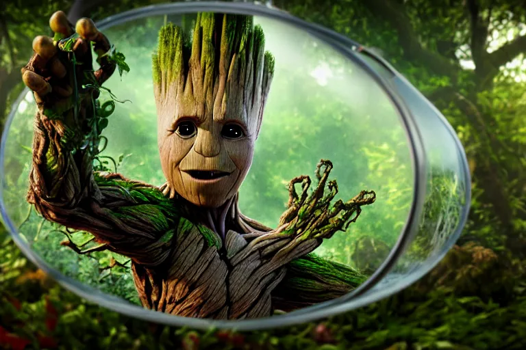 Prompt: I am groot in a woodland terrarium, Trending on artstation, award winning. Octane render, 4k, 8k, unreal 5, very detailed, hyper control-realism.