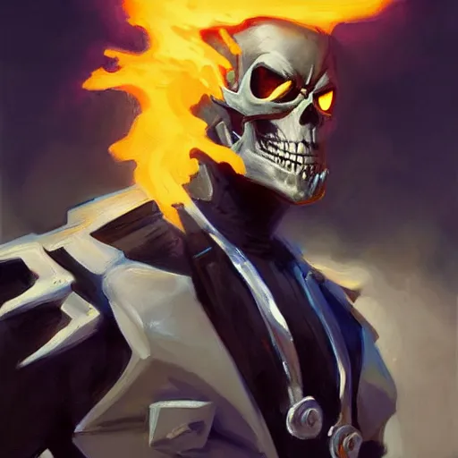 Image similar to greg manchess portrait painting of ghost rider as overwatch character, medium shot, asymmetrical, profile picture, organic painting, sunny day, matte painting, bold shapes, hard edges, street art, trending on artstation, by huang guangjian and gil elvgren and sachin teng