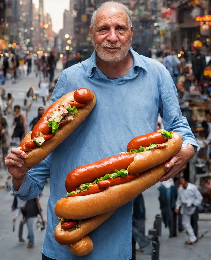 Image similar to closeup portrait of a man carrying a giant hotdog on his shoulder in a smoky new york back street, by Annie Leibovitz and Steve McCurry, natural light, detailed face, CANON Eos C300, ƒ1.8, 35mm, 8K, medium-format print