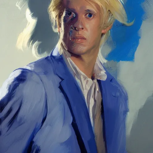 Image similar to greg manchess portrait of a blond man in a blue suit lying on the ground bleeding in an arena, profile picture, organic painting, sunny day, matte painting, bold shapes, hard edges, street art, trending on artstation, by huang guangjian, gil elvgren, ruan jia, randy vargas, greg rutkowski