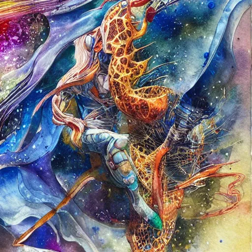 Image similar to cosmic pizza, watercolor, pen and ink, intricate line drawings, by Yoshitaka Amano, Ruan Jia, Kentaro Miura, Artgerm, detailed, trending on artstation, hd, masterpiece,