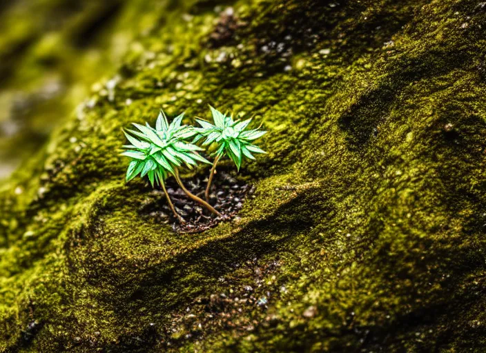 Image similar to long shot of a tiny plant on an island in a river in an underground cave. fantasy magic style. highly detailed 8 k. intricate. lifelike. epic. movie poster. soft light. sony a 7 r iv 5 5 mm. cinematic post - processing