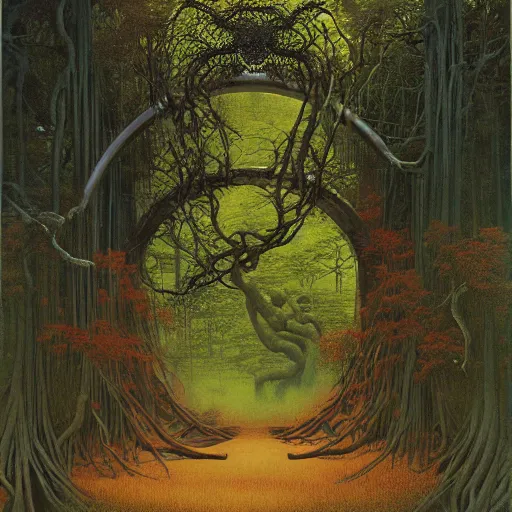 Image similar to Zdzisław Beksiński by Gerald Brom, Japanese Torii Gate in a lush forest