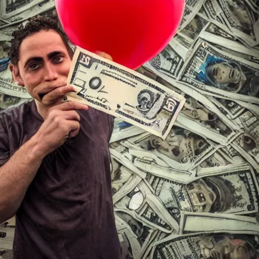 Image similar to A poor clown holding a giant dollar banknote, background is a slum, cinematic, epic, highly-detailed