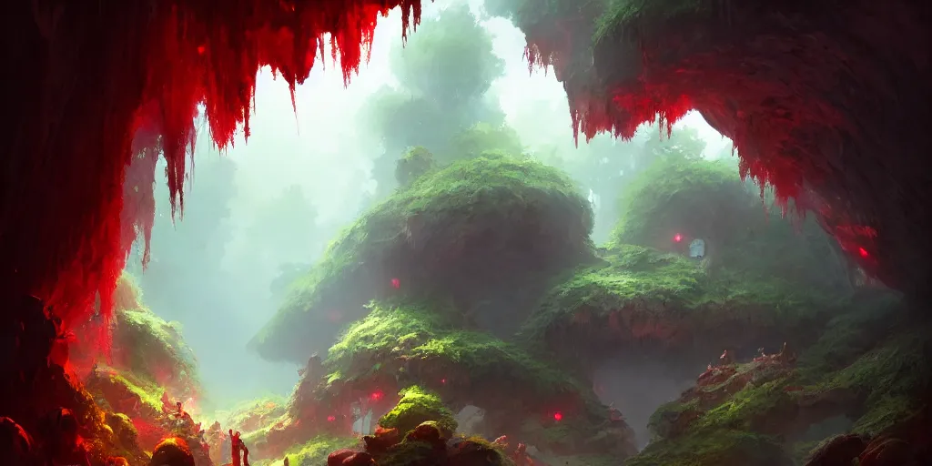 Prompt: entrance to small cave inside the forest, large glowing red crystalline sprouts growing. In style of Greg Rutkowski, Jesper Ejsing, Makoto Shinkai, trending on ArtStation, fantasy, great composition, concept art, highly detailed, scenery, 8K, Behance.